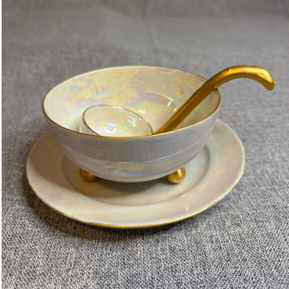 Footed Pearlized Bowl, Underplate & Ladle - Picture 1 of 10